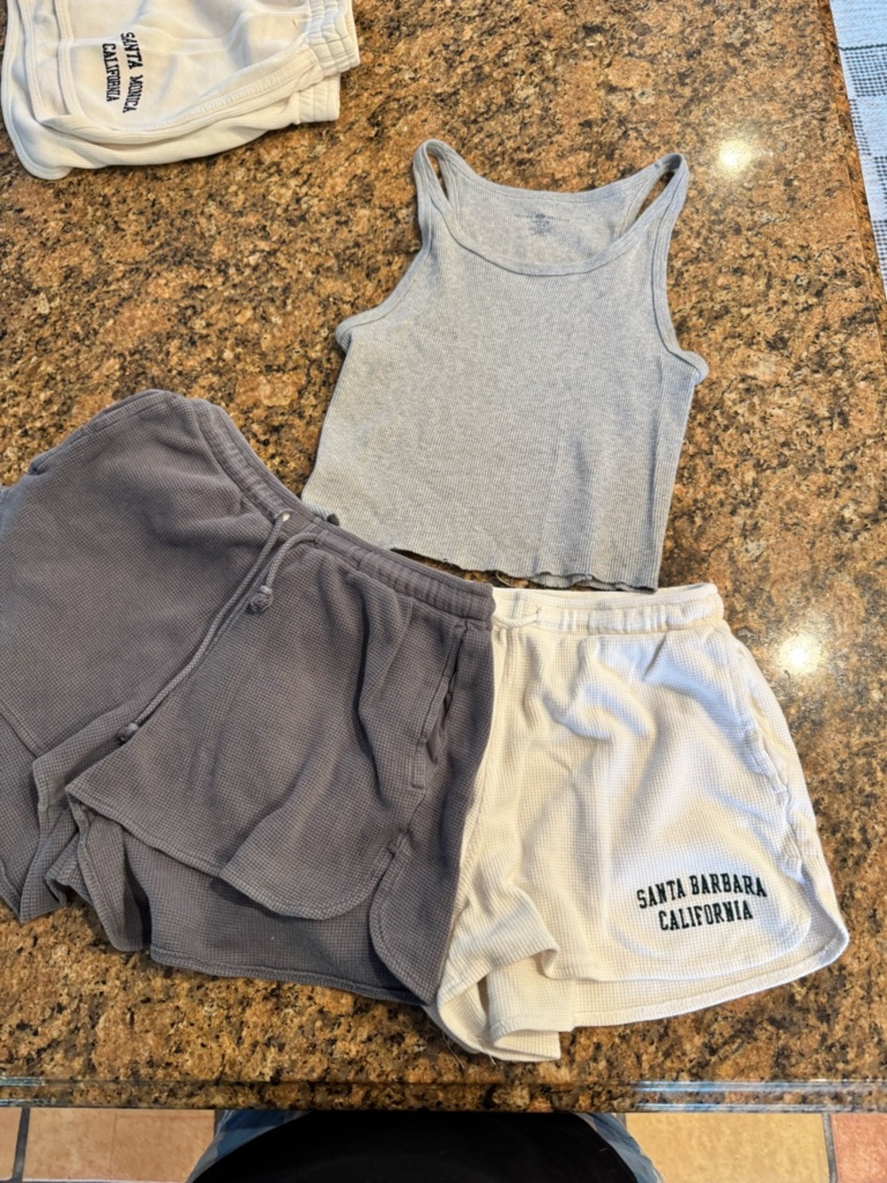 Brandy Melville Gray Ribbed Tank with Charcoal Waffle Shorts & Santa Barbara